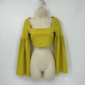 Susana Monaco lantern sleeve cropped top shirt blouse acid yellow jersey knit S